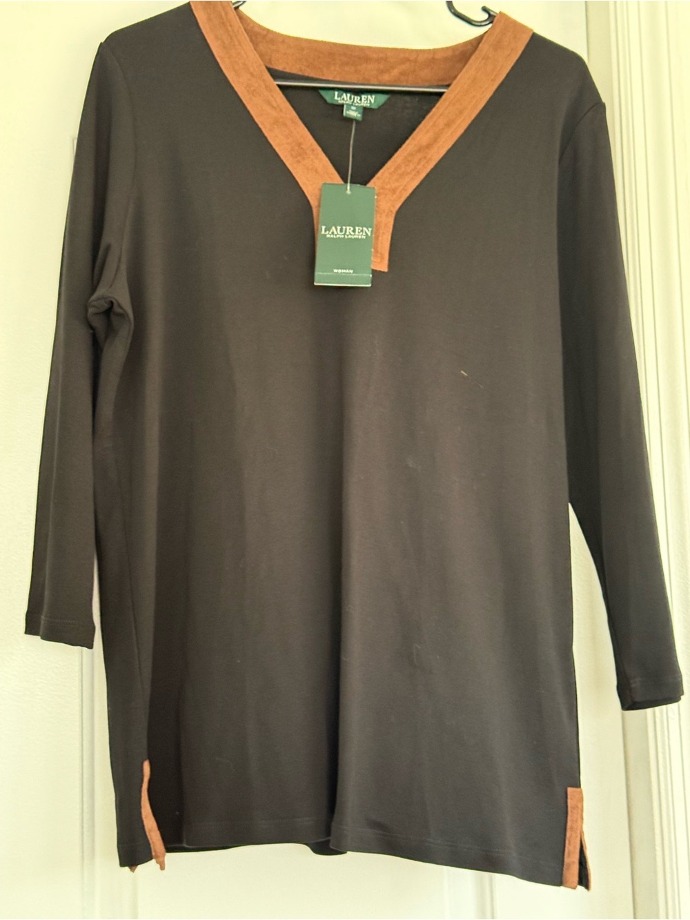 Lauren Ralph Lauren Black Tunic with Brown Suede Trim - Picture 2 of 10